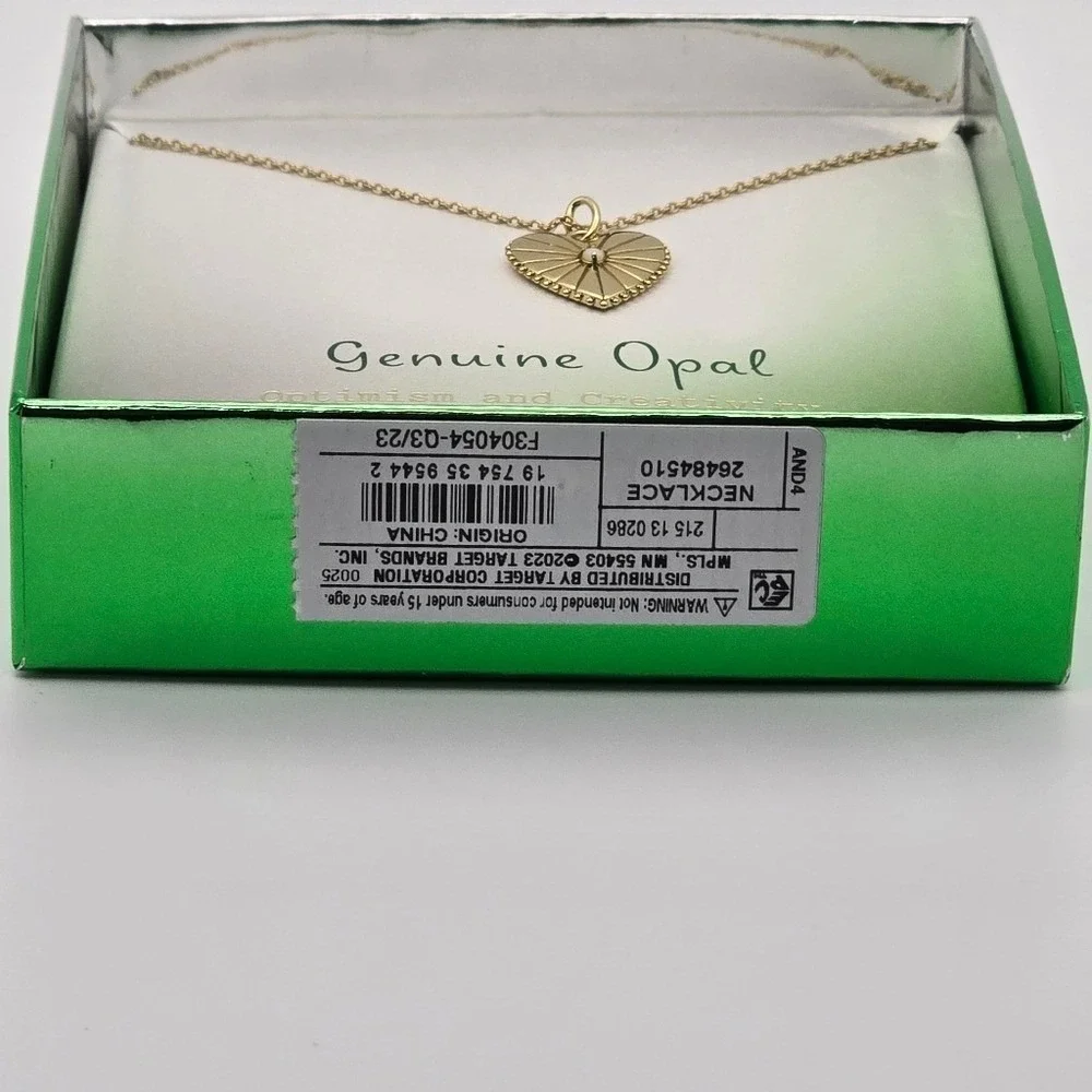 14K  Gold Dipped Genuine Opal Stone Heart Pendant  Necklace 16
